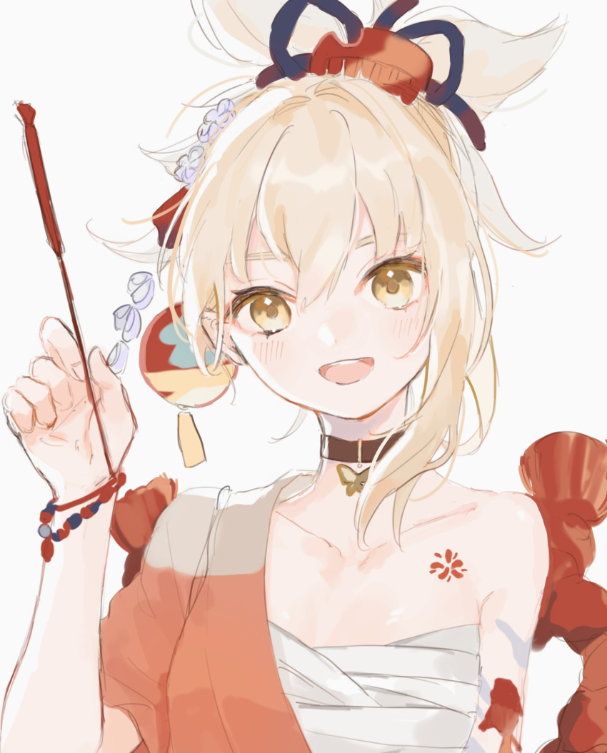 1girl, arm_tattoo, bandages, bare_shoulders, blonde_hair, blush, bracelet, brown_choker, brown_pupils, bug, butterfly, butterfly_ornament, chest_tattoo, choker, collarbone, comb, eyelashes, fingernails, flower, genshin_impact, grey_background, hair_between_eyes, hair_flower, hair_ornament, highres, holding, jewelry, long_hair, mono_02, open_mouth, simple_background, single_bare_shoulder, sketch, smile, solo, tattoo, teeth, tongue, upper_body, upper_teeth, white_background, yellow_eyes, yoimiya_(genshin_impact)