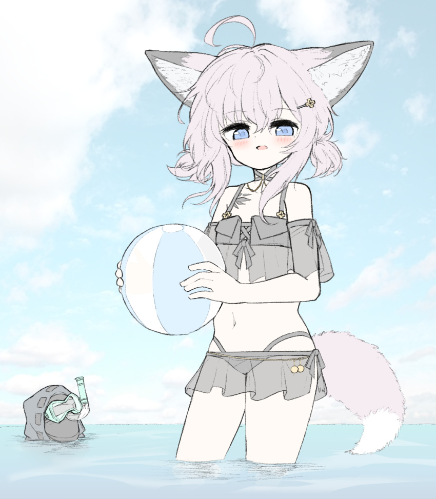 ahoge, animal_ear_fluff, animal_ears, arknights, ball, beachball, bikini, black_bikini