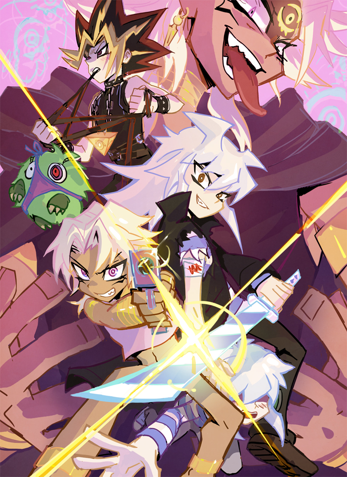 4boys, bakura_(granblue_fantasy), child, earrings, gun, hand_on_hilt, holding, holding_gun, holding_sword, holding_weapon, jewelry, looking_at_viewer, lychi, male_focus, millennium_puzzle, multicolored_hair, multiple_boys, panties, panty_&amp;_stocking_with_garterbelt, smile, spiky_hair, streaked_hair, sword, tongue, tongue_out, underwear, weapon, yami_bakura, yu-gi-oh!