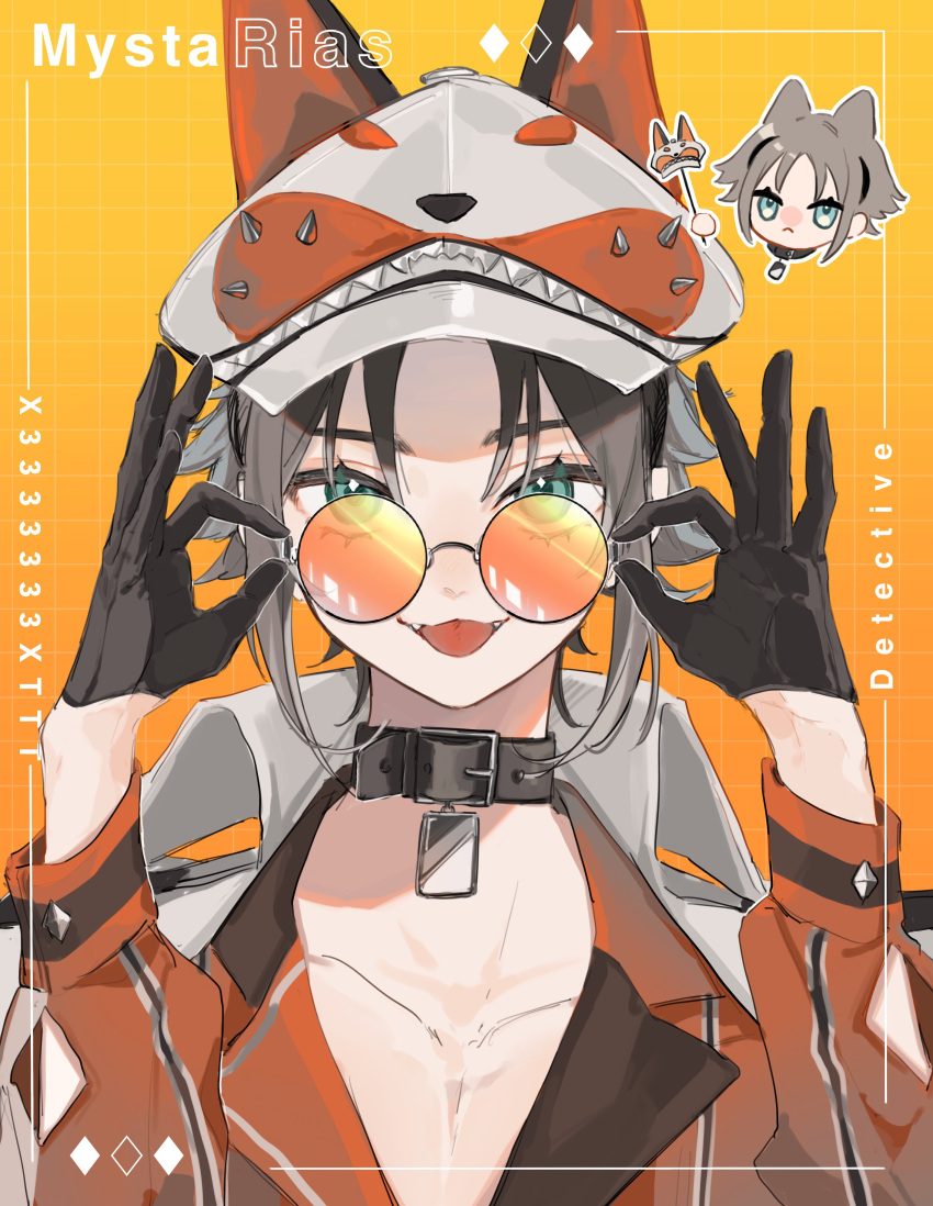 1girl, absurdres, animal_ears, black_collar, black_gloves, black_hair, border, brown_hair