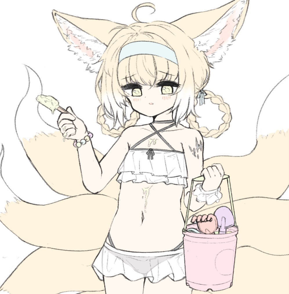 1girl, ahoge, animal_ear_fluff, animal_ears, arknights, bikini, black_bikini, blonde_hair