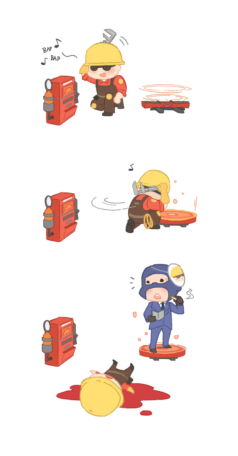 2boys, balaclava, blood, chibi, cigarette, dispenser_(team_fortress), formal, gameplay_mechanics