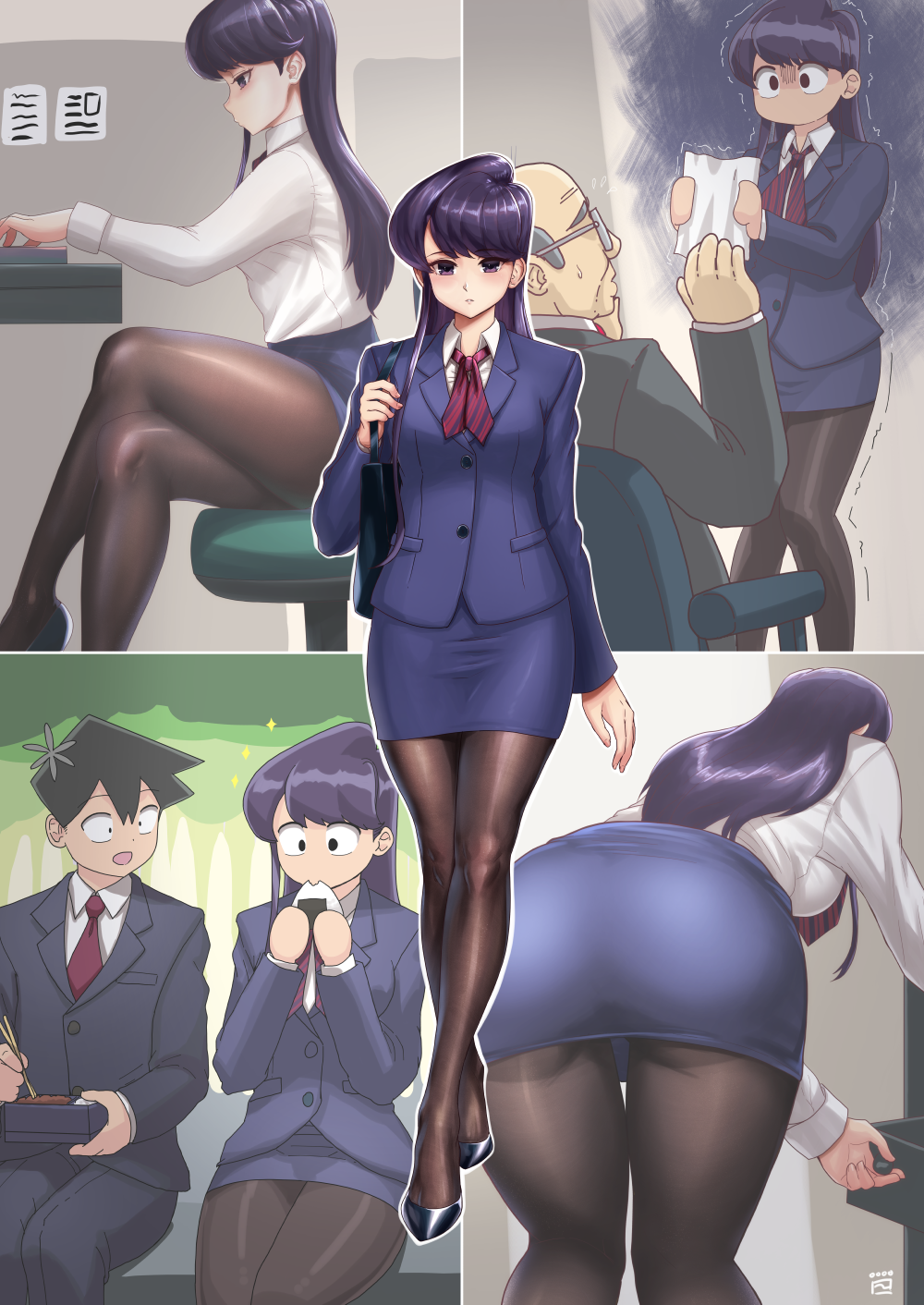1girl, 2boys, ass, bent_over, bento, black_hair, business_suit, chair
