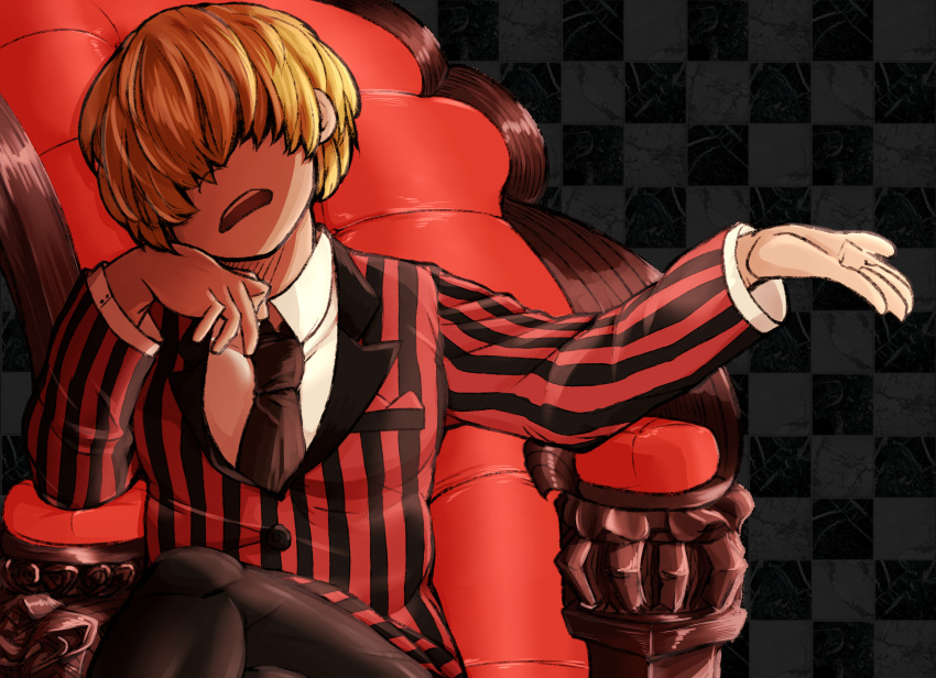 1boy, absurdres, black_legwear, black_necktie, blonde_hair, chair, checkered_background, collared_shirt