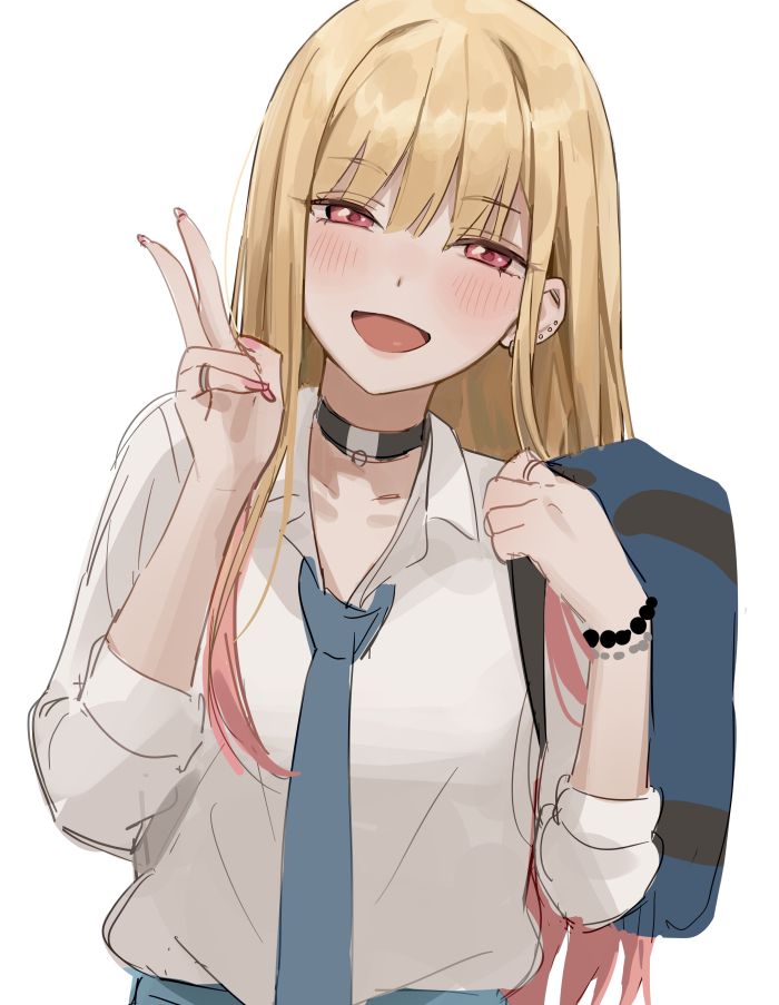 1girl, :d, bag, banned_artist, black_choker, blonde_hair, blue_necktie, blush