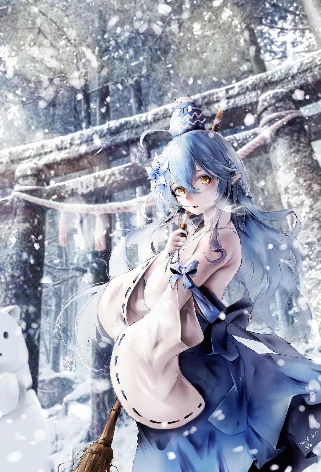 1girl, :3, :o, bare_shoulders, blue_bow, blue_hair, bow, broom, dated, detached_sleeves, flower, forest, hair_between_eyes, hair_flower, hair_ornament, highres, hololive, hug, japanese_clothes, long_hair, looking_to_the_side, miko, nature, open_mouth, pointy_ears, pparus, shrine, signature, snow, snowing, snowman, solo, tree, virtual_youtuber, white_sleeves, wide_sleeves, yellow_eyes, yukihana_lamy