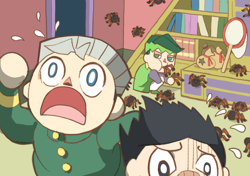 3boys, animal_crossing, animal_in_mouth, bandaid, bandaid_on_nose, black_hair, blonde_hair, blue_eyes
