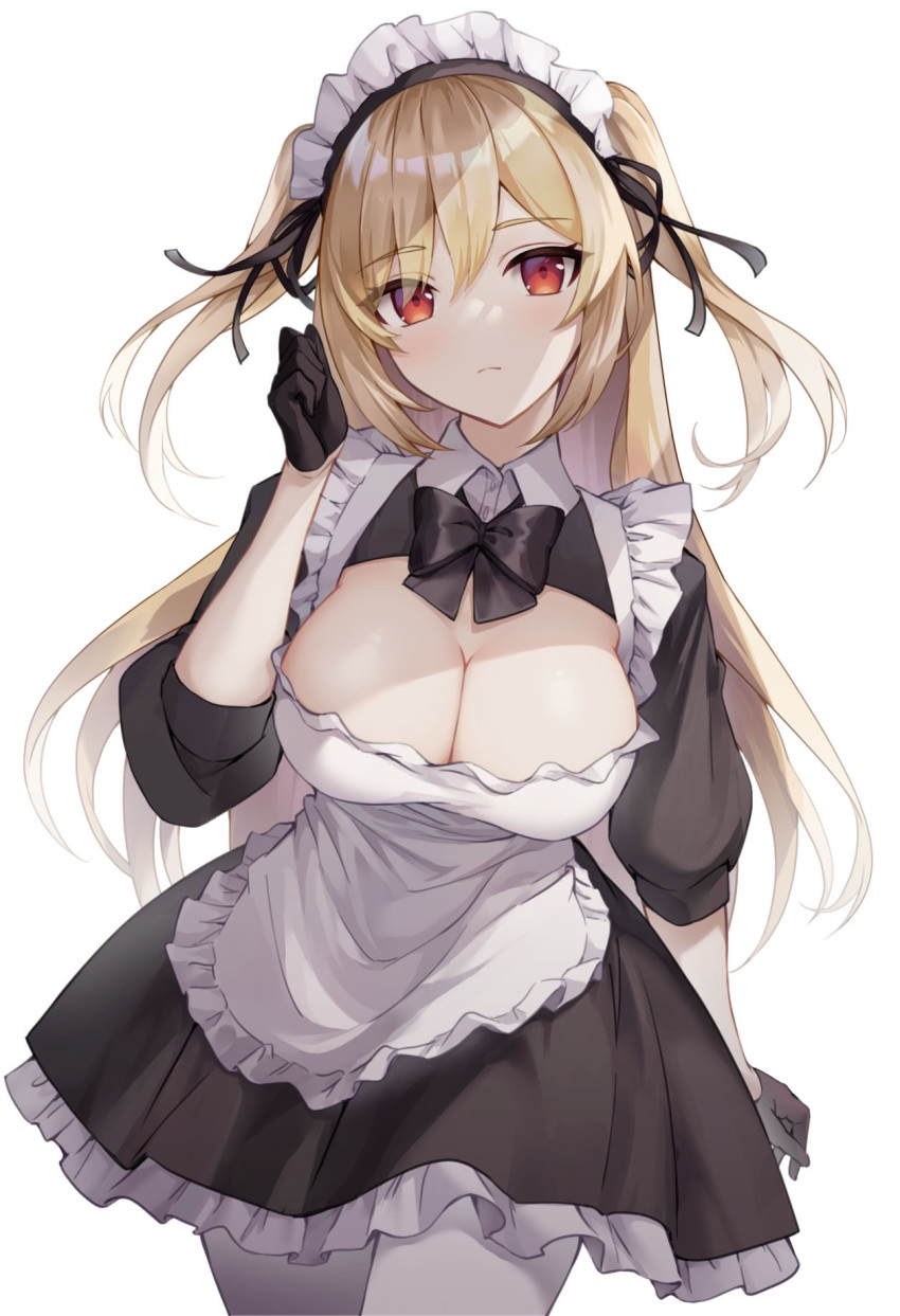 1girl, apron, bangs, black_bow, black_dress, black_gloves, blonde_hair, blush