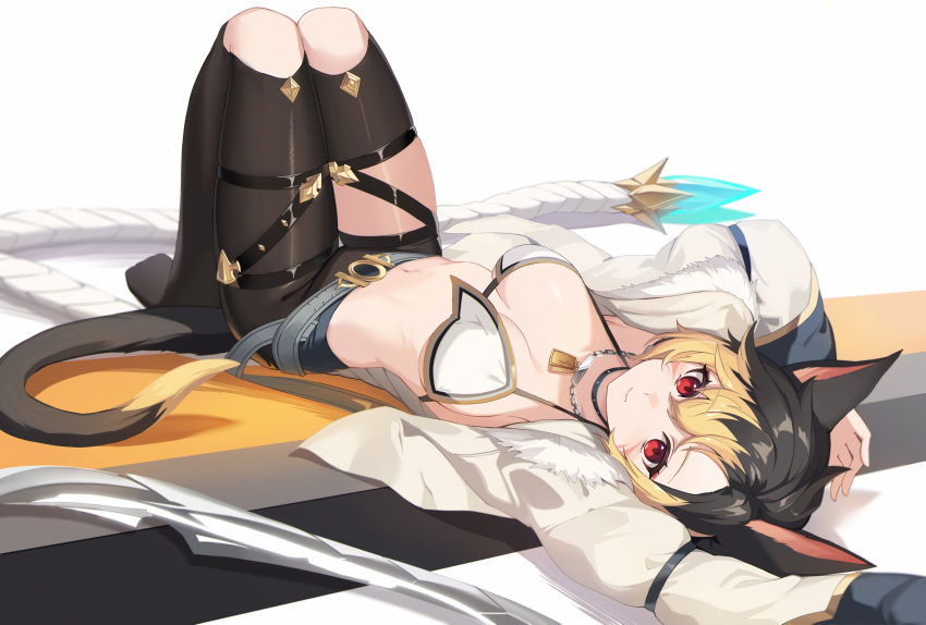 1girl, absurdres, animal_ears, arms_up, bikini, black_choker, black_pants, cat_ears, cat_girl, cat_tail, choker, closed_mouth, clothing_cutout, eruthika, final_fantasy, final_fantasy_xiv, halter_top, halterneck, highres, jacket, jewelry, knee_cutout, knees_up, long_sleeves, looking_at_viewer, lying, midriff, miqo'te, multicolored_hair, navel, necklace, no_shoes, on_back, open_clothes, open_jacket, pants, red_eyes, short_hair, smile, solo, stomach, string_bikini, swimsuit, tail, thigh_cutout, thighs, two-tone_hair, white_bikini, white_jacket