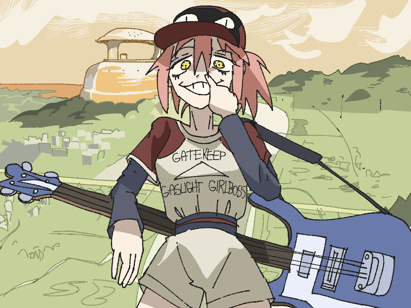 1girl, animal_hat, bangs, cat_hat, electric_guitar, flcl, grin, guitar