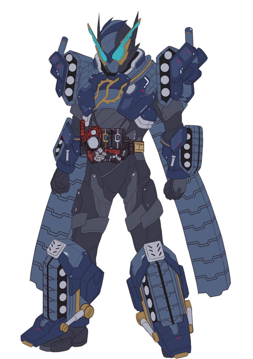 1boy, armor, black_bodysuit, blue_armor, blue_eyes, bodysuit, clenched_hands, compound_eyes