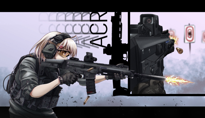 1girl, acr_(girls'_frontline), ahoge, alternate_costume, assault_rifle, black_gloves, blonde_hair, blue_eyes