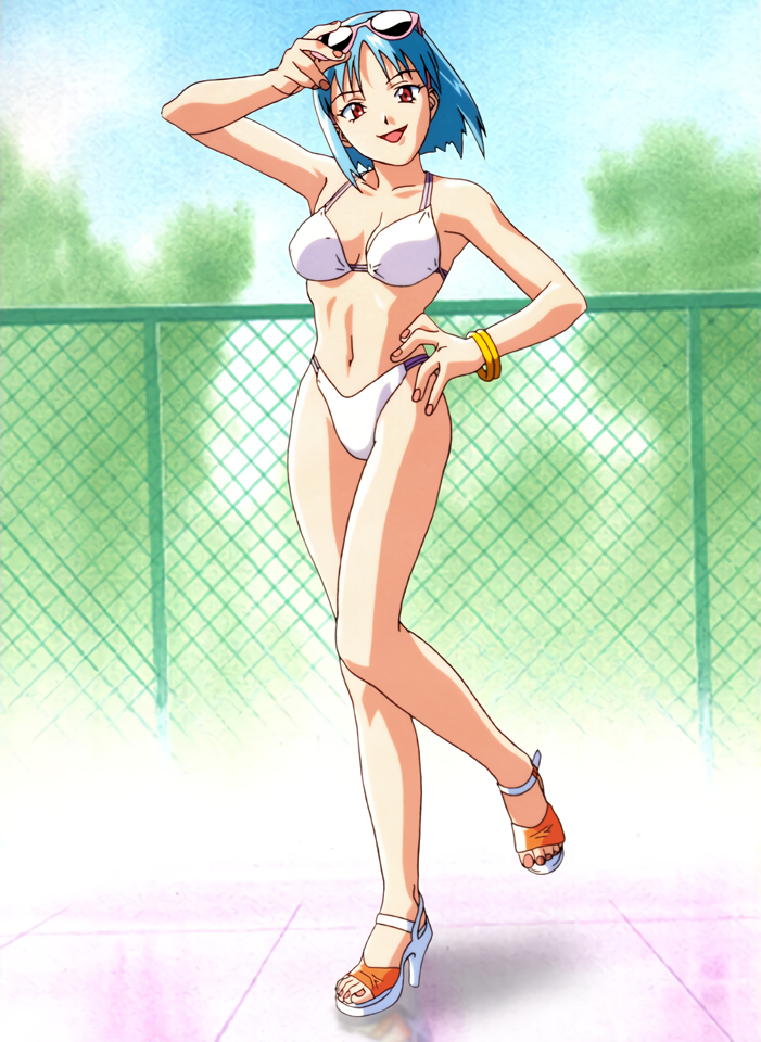 1girl, arm_up, bangs, bikini, bracelet, chain-link_fence, day, eyewear_on_head
