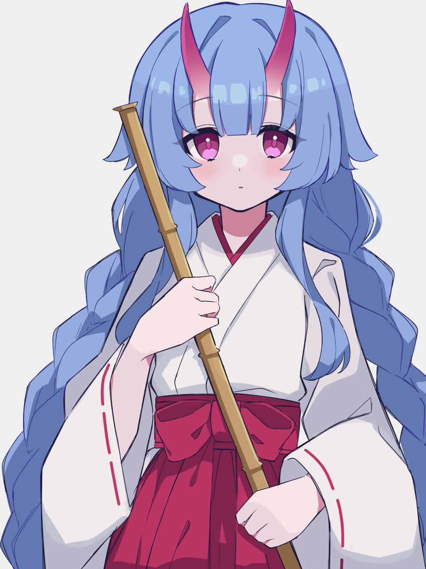 1girl, absurdres, bamboo, blue_archive, blue_hair, braid, broom, chise_(blue_archive)