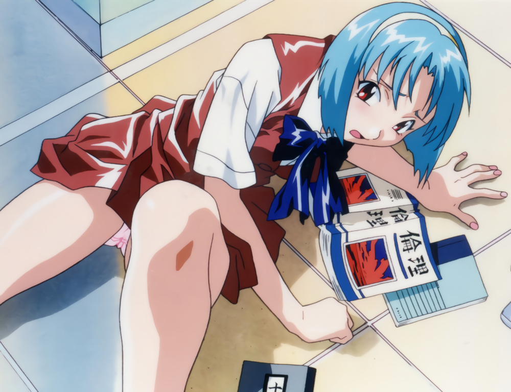 1girl, accident, bangs, book, feet_out_of_frame, from_above, hairband, koizumi_hitomi