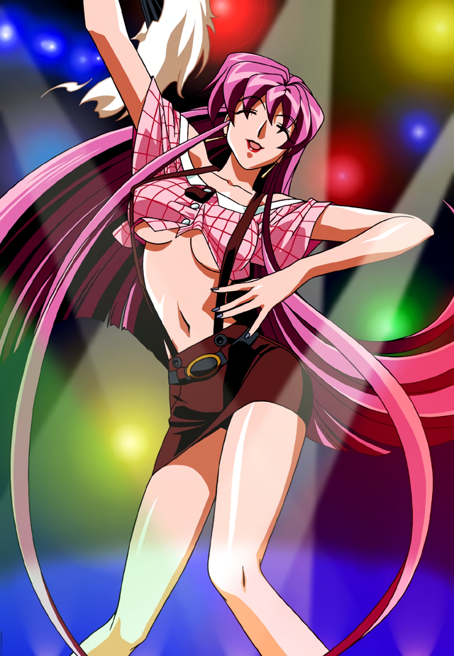 1girl, arm_up, bangs, breasts, closed_eyes, cropped_shirt, eyebrows_visible_through_hair, feet_out_of_frame, folding_fan, hand_fan, holding, holding_fan, kimura_takahiro, lipstick, long_hair, makeup, mature_female, miniskirt, navel, non-web_source, official_art, pencil_skirt, photoshop_(medium), pink_hair, red_lips, short_sleeves, skirt, solo, stage_lights, suspender_skirt, suspenders, under_boob, variable_geo, very_long_hair, yuuki_ayako
