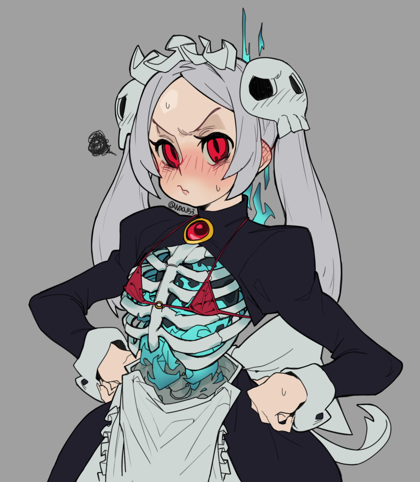 1girl, :/, annoyed, apron, bikini, bloody_marie_(skullgirls), blush, brooch