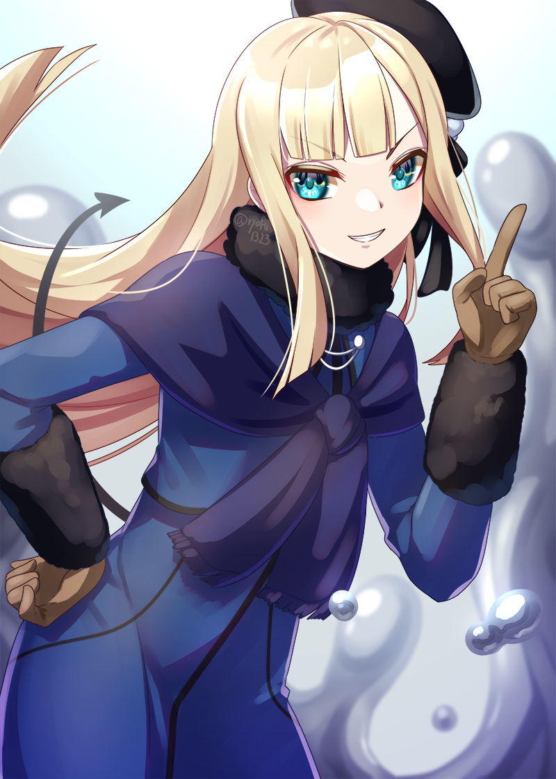 1girl, aqua_eyes, bangs, beret, black_headwear, blonde_hair, blue_dress, blue_jacket