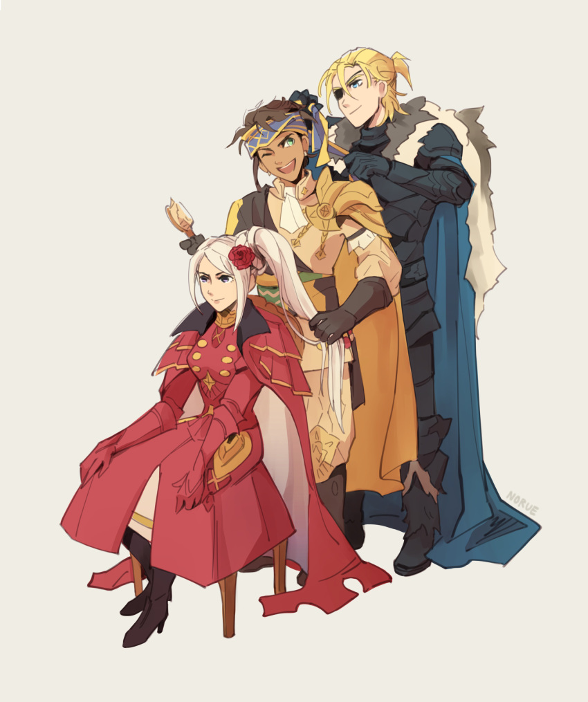 1girl, 2boys, absurdres, alternate_hairstyle, armor, blonde_hair, blue_eyes, brown_hair