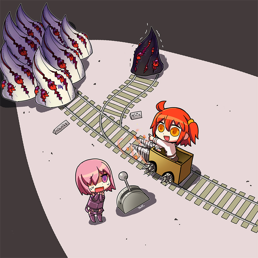 2girls, armor, armored_dress, barbatos_(fate), cart, chaldea_uniform, chibi, demon_pillar_(fate)