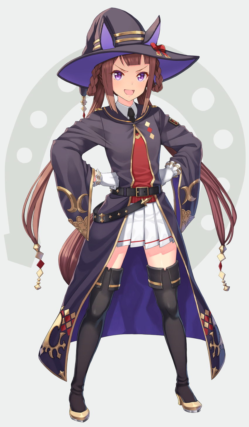 1girl, bangs, belt, black_legwear, braid, brown_hair, collared_shirt, folded_thighhighs