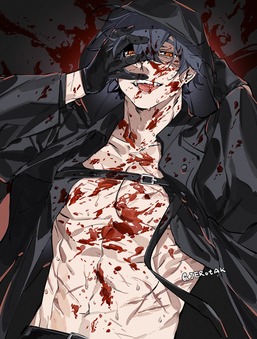 1boy, bangs, belt, black_belt, black_coat, black_gloves, black_hair, blood