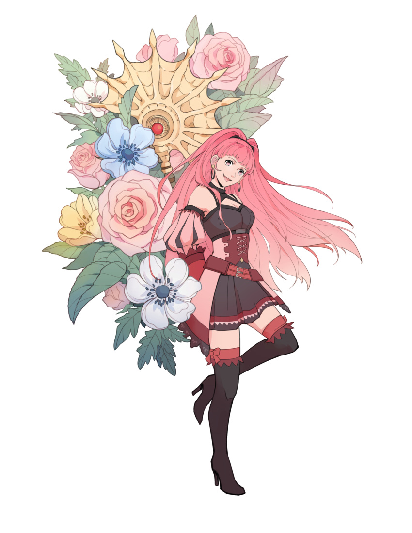 1girl, axe, boots, breasts, corset, detached_sleeves, earrings, fire_emblem, fire_emblem:_three_houses, flower, freikugel_(weapon), high_heel_boots, high_heels, highres, hilda_valentine_goneril, hoop_earrings, jewelry, large_breasts, long_hair, norue, overskirt, pink_eyes, pink_hair, puff_and_slash_sleeves, puffy_detached_sleeves, puffy_sleeves, solo, thigh-highs, thigh_boots
