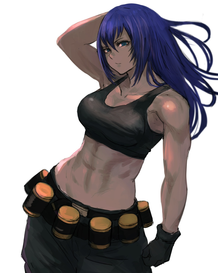 1girl, 6maker, abs, bare_shoulders, belt, black_gloves, black_tank_top, blue_eyes