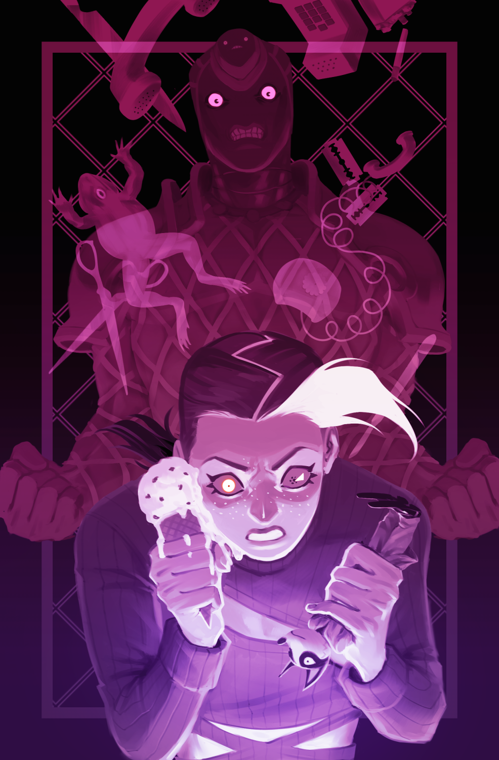 1boy, black_background, black_eyes, doll, food, forehead, freckles, heterochromia, highres, holding, holding_doll, holding_food, ice_cream, jojo_no_kimyou_na_bouken, king_crimson_(stand), long_sleeves, open_mouth, phone, pink_hair, ponytail, purple_shirt, razor, razor_blade, scissors, shirt, snickerby, solo, teeth, toy, vento_aureo, vinegar_doppio, white_eyes