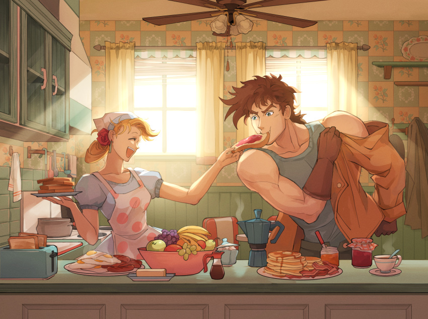 1boy, 1girl, ^_^, apron, bacon, bandana, bare_shoulders, battle_tendency