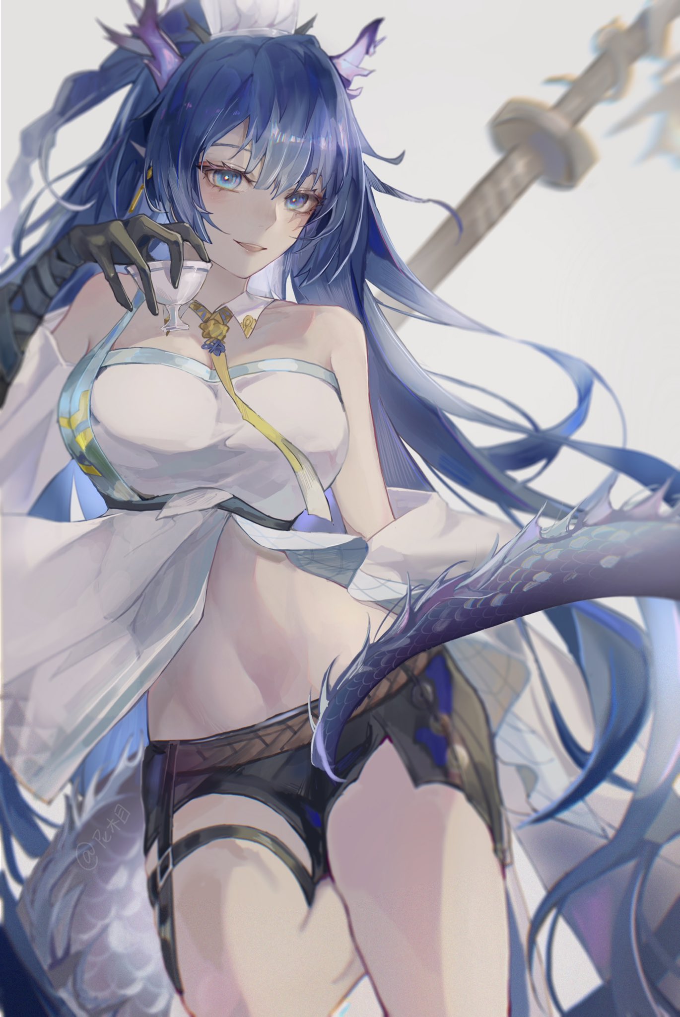 1girl, :d, arknights, bangs, bare_shoulders, black_gloves, black_skirt, blue_eyes