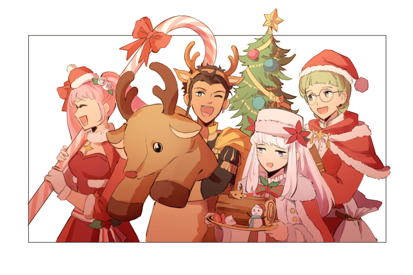2boys, 2girls, :d, candy, candy_cane, cape, capelet, christmas