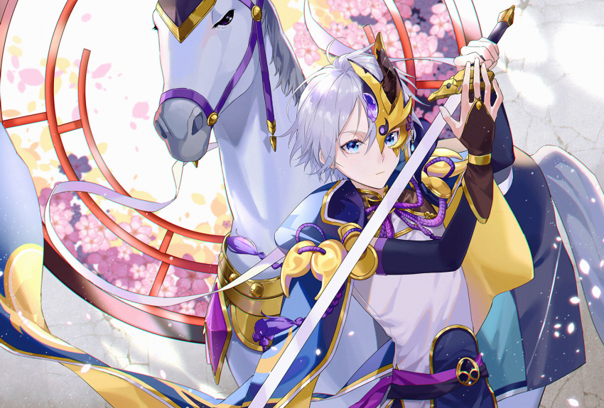 1boy, bishounen, blue_eyes, bridal_gauntlets, cape, chinese_clothes, errslance, fate/grand_order