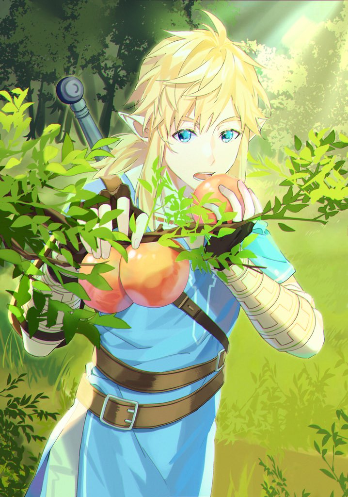 1boy, apple, blonde_hair, blue_eyes, blue_tunic, bracer, branch, eating