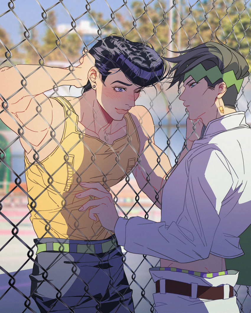 absurdres, al_(ahr), black_hair, blue_eyes, blush, chain-link_fence, diamond_wa_kudakenai, earrings