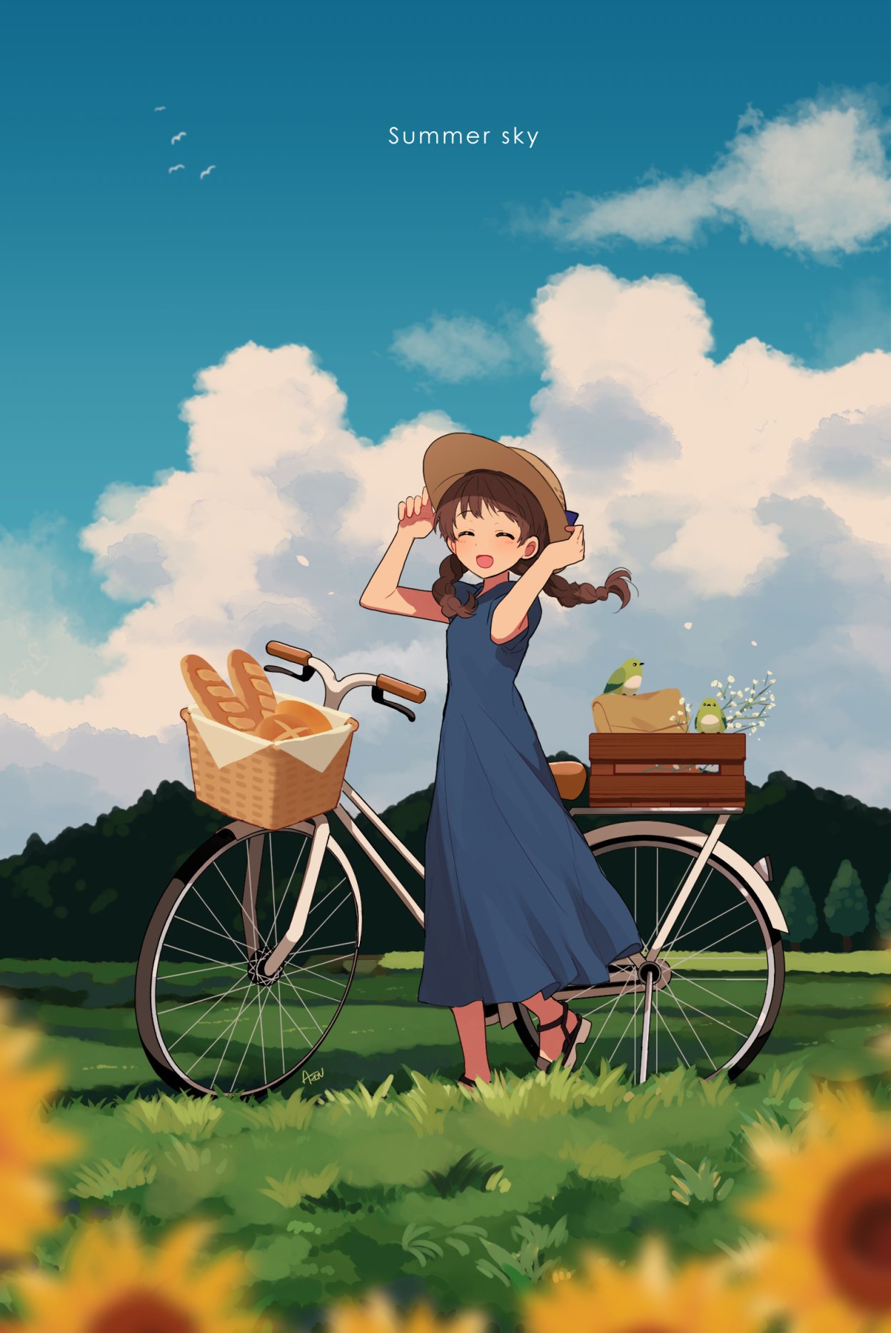 1girl, aren_(fubuki-46), artist_name, baguette, bangs, bicycle, bicycle_basket, bird