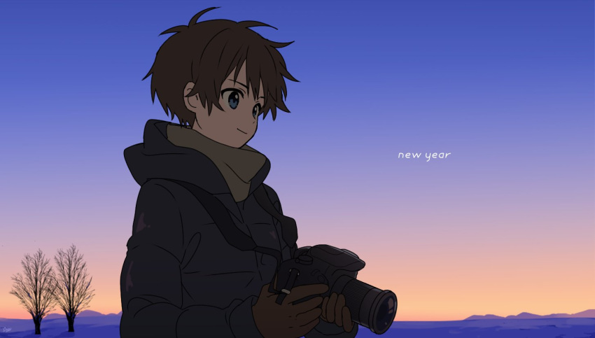 1boy, aren_(fubuki-46), bangs, blue_coat, brown_hair, camera, coat, english_text