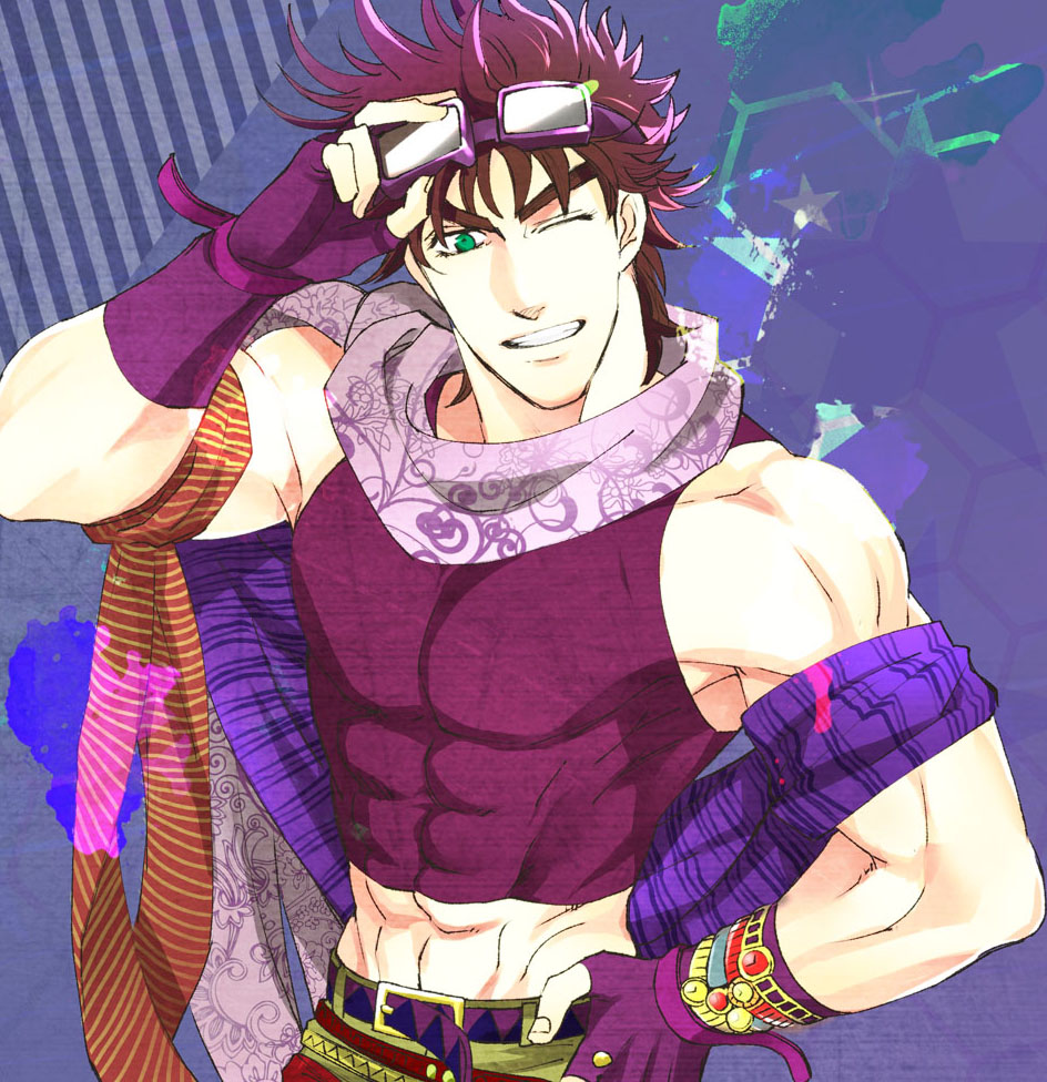 1boy, battle_tendency, bracelet, crop_top, goggles, goggles_on_head, green_eyes, jewelry