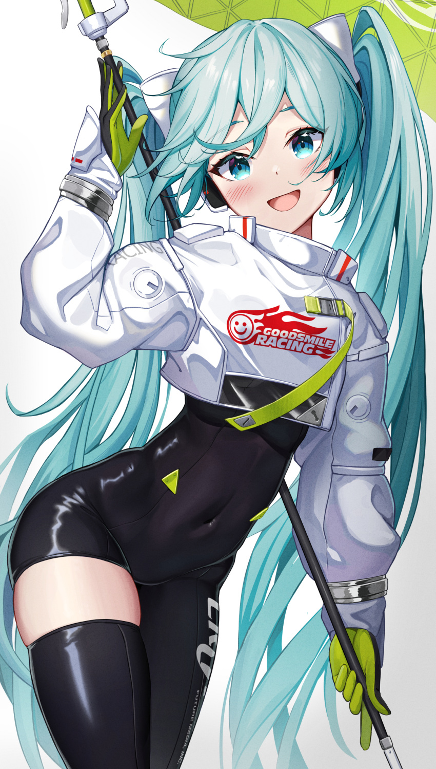 1girl, :d, absurdres, aqua_hair, bangs, bib_(bibboss39), black_bodysuit, black_legwear