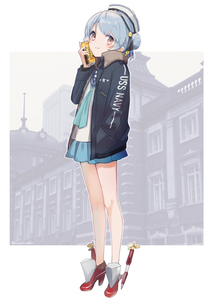 1girl, aqua_neckerchief, aqua_skirt, black_jacket, black_ribbon, blue_hair, blue_sailor_collar, can