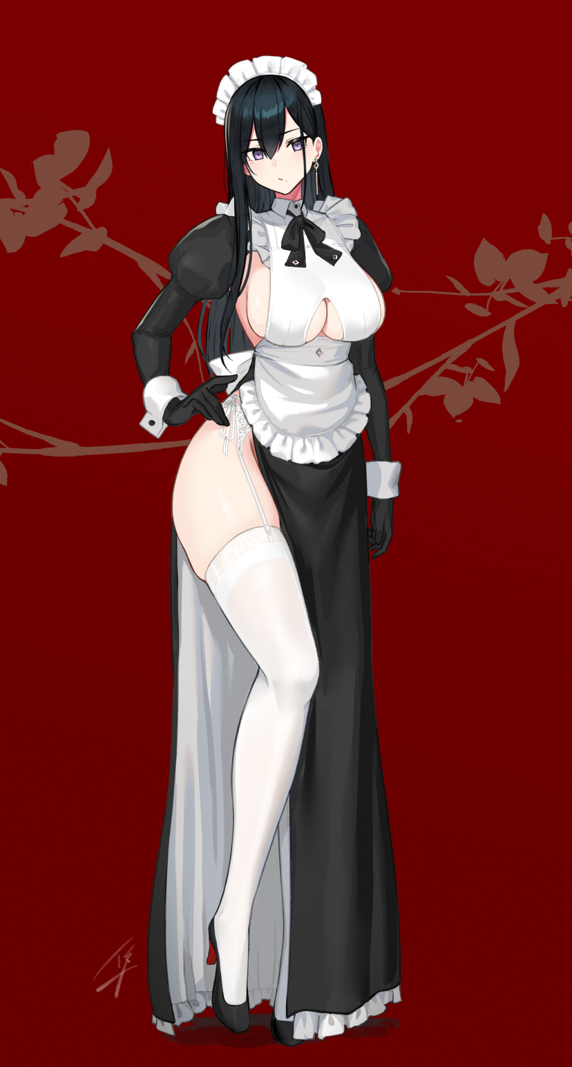 1girl, apron, bangs, black_dress, black_gloves, black_hair, breasts, classy-black-haired_girl_(hayabusa)