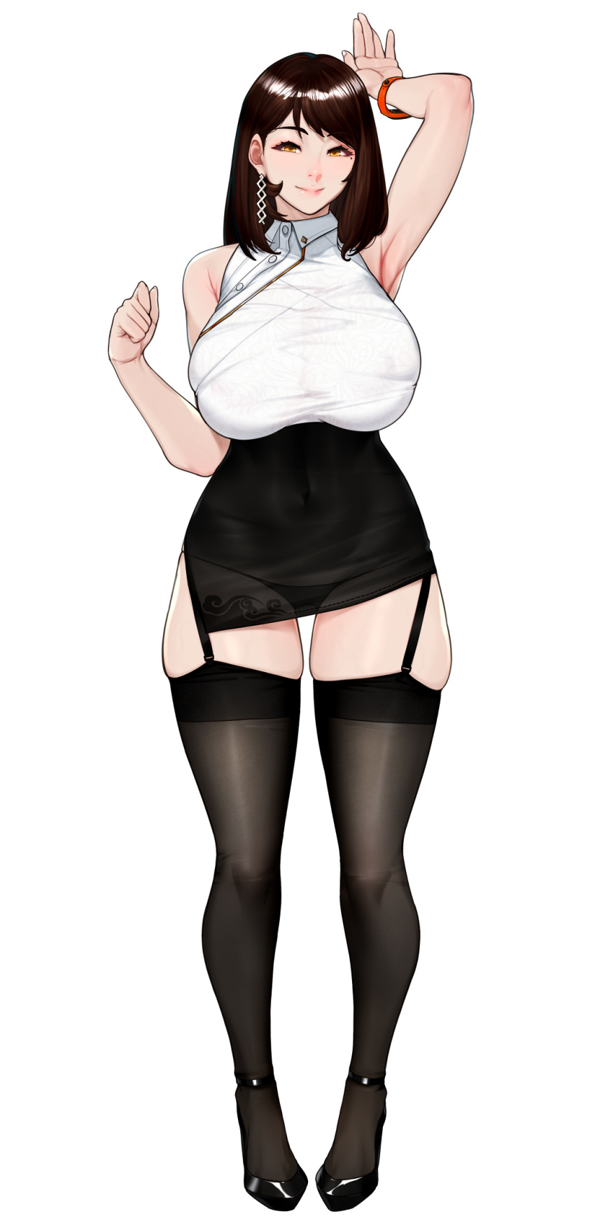 1girl, arm_up, armpits, bag, black_footwear, black_legwear, black_skirt, breasts