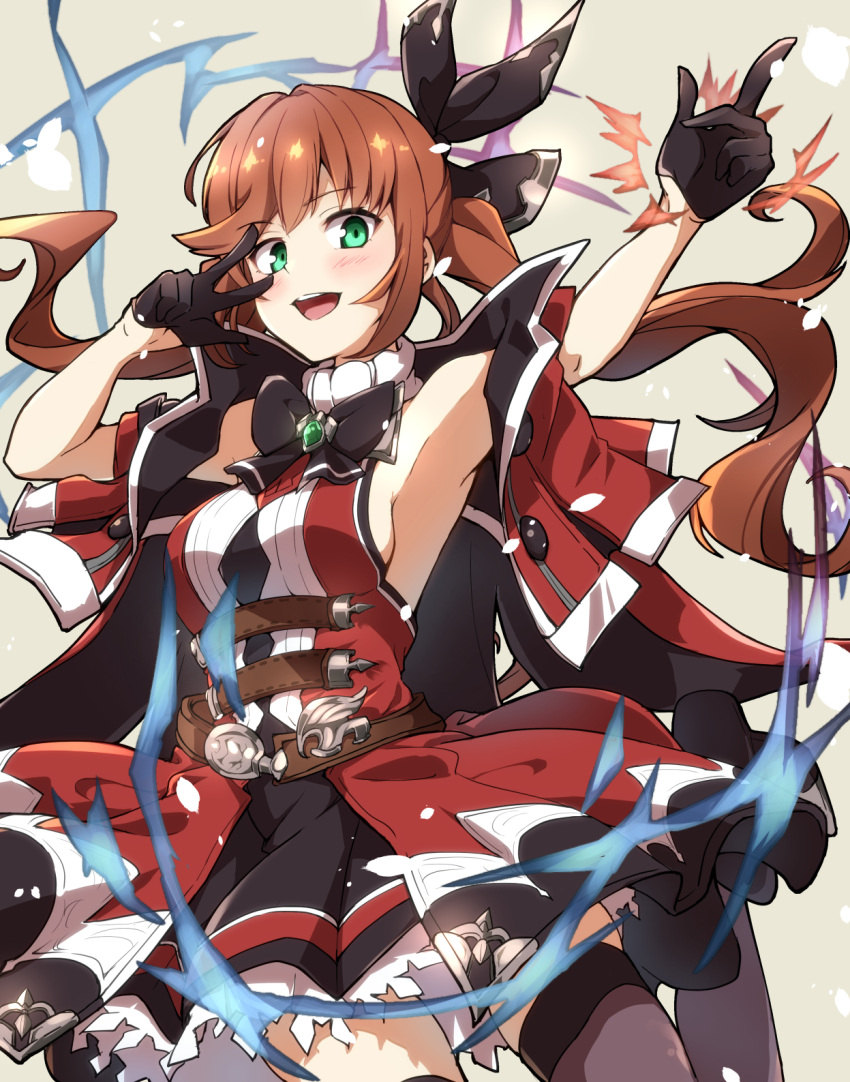 1girl, belt, black_gloves, black_legwear, bow, breasts, brown_hair, clarisse_(granblue_fantasy)