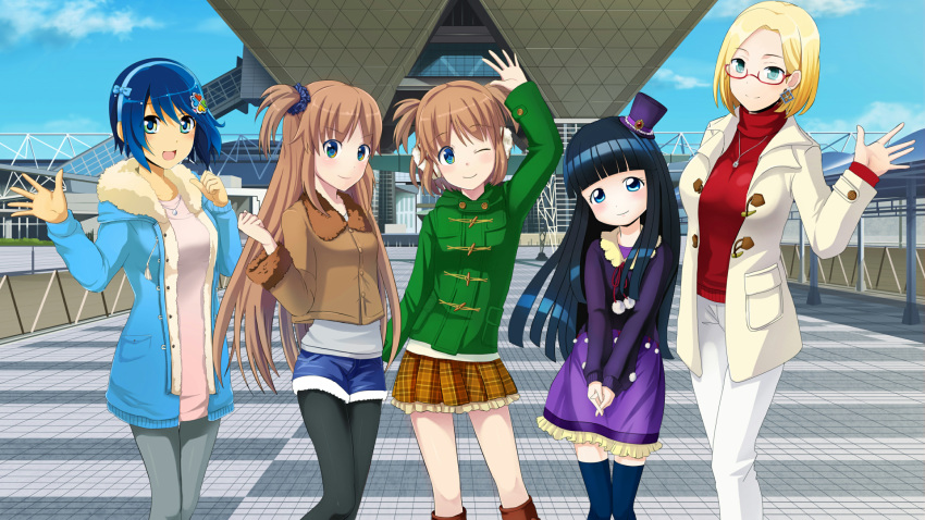 5girls, aqua_eyes, azumi_ruri, black_hair, blonde_hair, blue_eyes, blue_hair, brown_hair, claudia_madobe, comiket_83, glasses, hat, headband, highres, long_hair, madobe_ai, madobe_nanami, madobe_yuu, microsoft, multiple_girls, os-tan, pantyhose, ponytail, short_hair, shorts, skirt, thigh-highs, windows