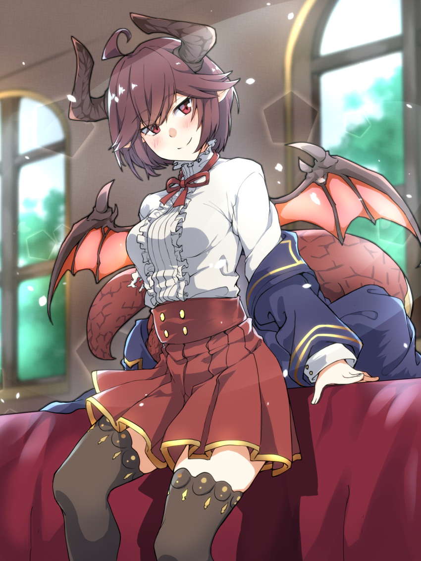 1girl, ahoge, black_legwear, blush, breasts, brown_hair, dragon_girl, dragon_horns