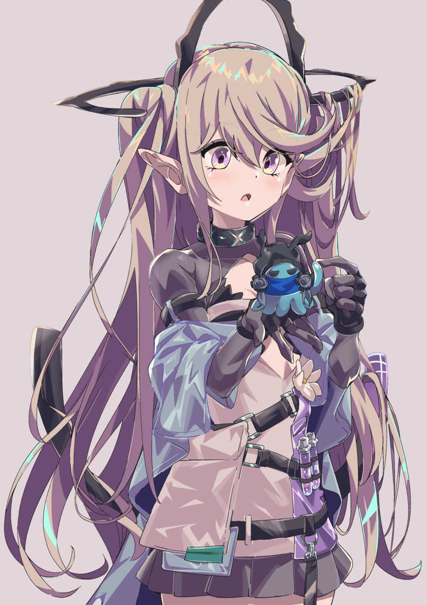 1girl, :o, arknights, bangs, belt, blush, brown_hair, charm_(object)