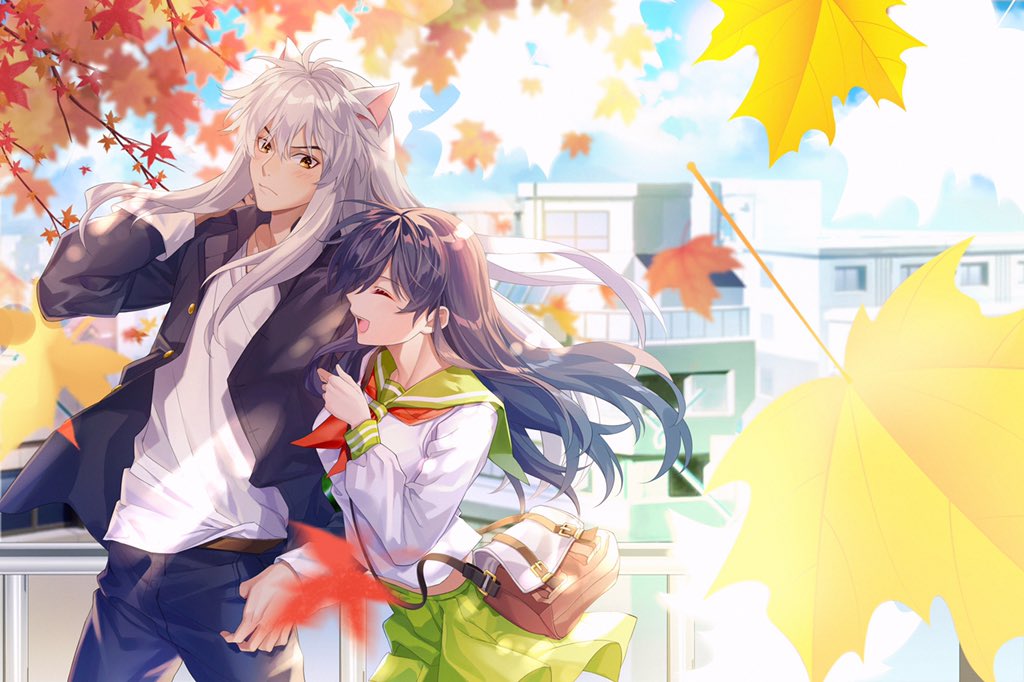 1boy, al_(ahr), animal_ears, autumn_leaves, black_hair, blush, contemporary, dog_ears