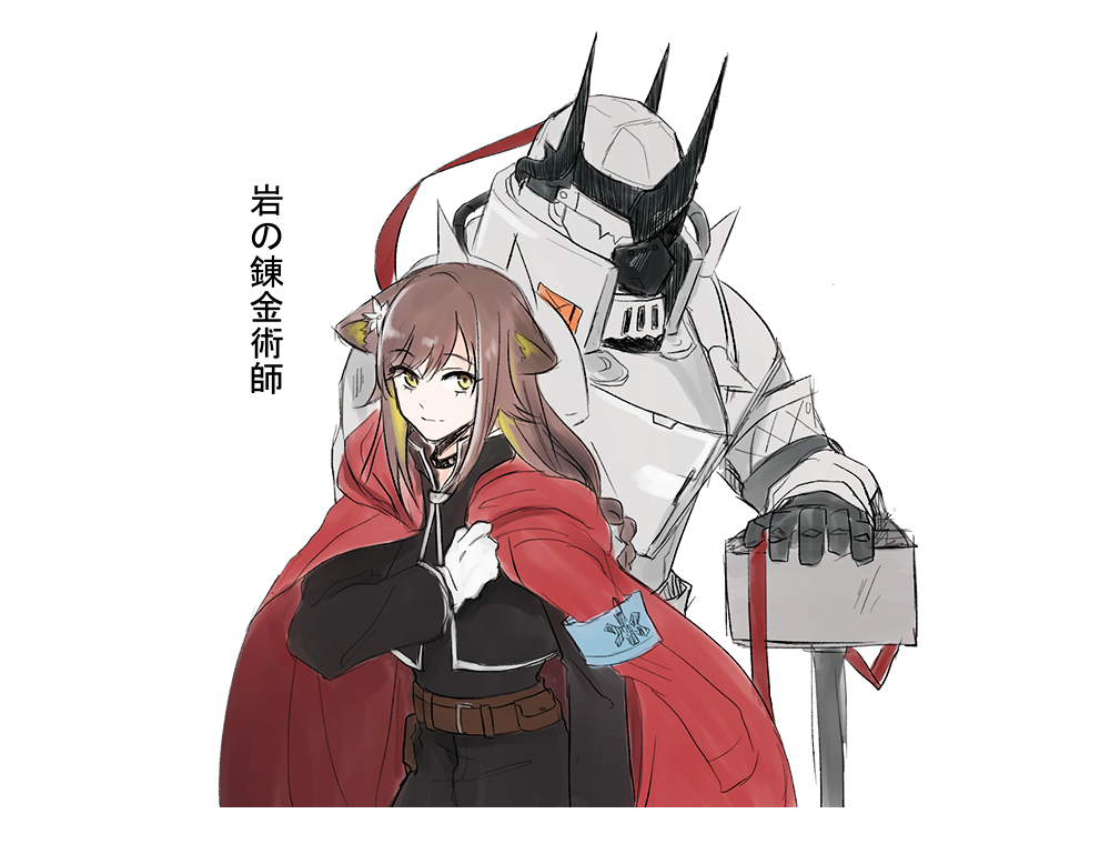 2girls, alphonse_elric, alphonse_elric_(cosplay), animal_ears, arknights, bangs, brown_hair, cat_ears