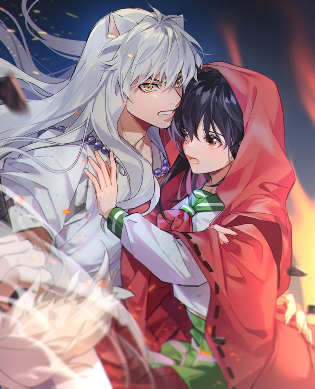1boy, 1girl, al_(ahr), animal_ears, black_hair, blush, brown_eyes, cloak