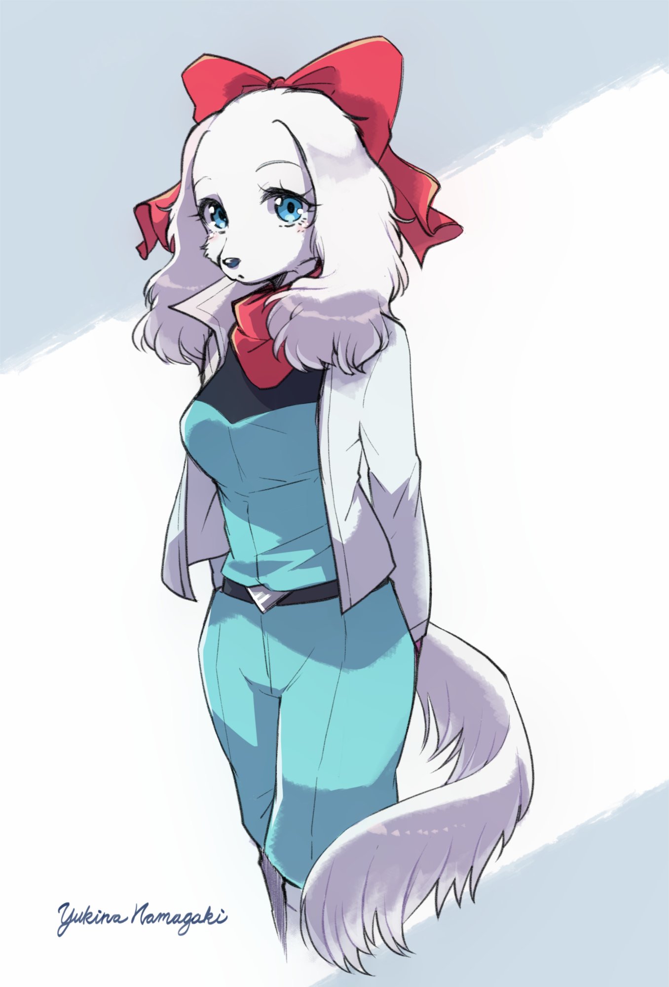 1girl, animal_ears, animal_nose, arms_behind_back, artist_name, bandana, belt, blue_eyes